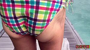 Pervert masturbates in sexy bikini at secret school. Handjob leads to ejaculation and assfucking with ripped clothes.