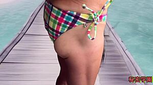 Pervert masturbates in sexy bikini at secret school. Handjob leads to ejaculation and assfucking with ripped clothes.