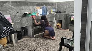 My Stepsister Stuck in Kitchen While Cleaning, I Helped and Filmed Her Brown Butt!