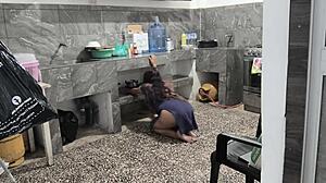 My Stepsister Stuck in Kitchen While Cleaning, I Helped and Filmed Her Brown Butt!