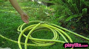 Curvy Swiss MILF Strips in Garden Showing Off Big Ass Curves