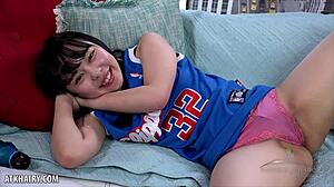Shy cheerleader Yukina Kaname fingers her bush in a solo session.