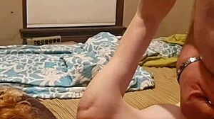 Redhead bends over for sucking, licking, and wild banging. Her handjob drives him crazy on the bed.