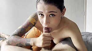 coworker gives an intense blowjob and takes cum in her mouth.