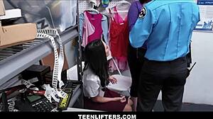 Skinny teen shoplifter Mae Lynn gets caught by Peter Fitzwell.