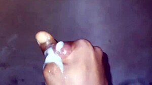 Skinny amateur's cum fountain from big cock handjob?