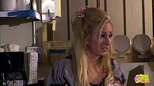 Skinny blonde waitress enjoys steamy lesbian sex and tight pussy eating