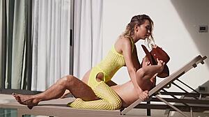 this skinny blonde young girl with brown eyes saddles a stallion smoothly with her mature friend watching