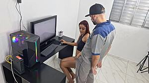 Housewife Seduces Technician in Lingerie!