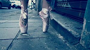 Ballerina Strolls in Ballet Shoes Down the Street