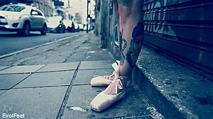Ballerina In Ballet Shoes Walks Down Street