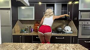 Man, I can’t stop starin’ at my stepmom’s huge ass while she cleans the kitchen in tight sportswear, ya know
