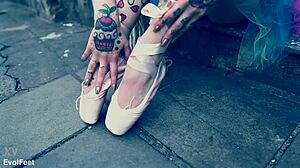 Ballerina Strolls in Ballet Shoes Down the Street