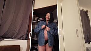 9th month pregnant shione cooper bounces and sucks her boobs