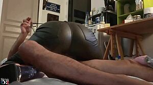 Oh, watch this french slut in tight pants and sky dress, riding hard in pink satin lingerie while getting rimmed, blown, fucked with dirty talk, and ending in a pov cumshot!