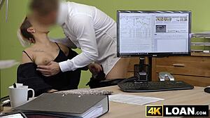 Busty short haired babe bounces wildly on loan agent dick