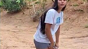 Hey audience, watch this delicious brunette tease you with her oral skills