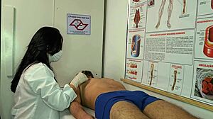 Nurse gets turned on seeing patient's hard cock during checkup. She can't resist touching it.