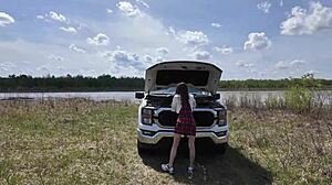 The brunette student in uniform gets stuck on roadside, pays for assistance