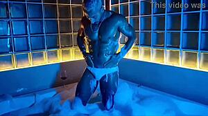 Beautiful Black Bodybuilder Orgasms Solo with Monster Cock in Foam Bathtub