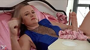 French Amateur in Blue Lycra Dress Teases with Satin Panties