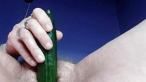 Granny stuffs hairy pussy with cucumber, wild stuff! 😲