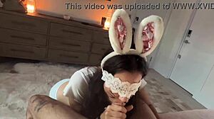 Sweet little bunny girl sucks my big cock!