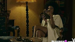 black milf strips and dances in lingerie for babe