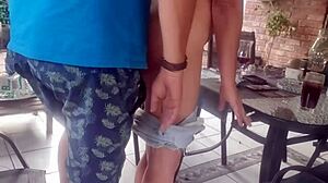 Outdoor quickie: bent over, ass shaking, cum on ass.