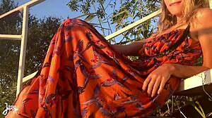 Hot babe Larajuicy flashes small tits and squirts wet pussy in public