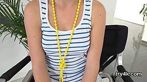 Elegant teen gives pov blowjob and gets fucked hard.