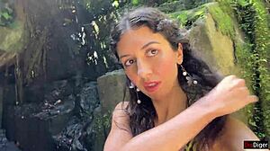 A teen gets a facial in a public locker room. She walks cum-covered to the waterfall.