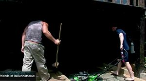 Gorgeous brunette gets double penetration in garden