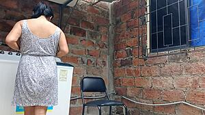 In the usa, my fat latina neighbor roleplays submissive and shows her huge natural tits and pussy under her dress in the yard