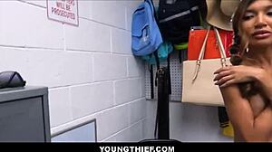 tiny asian teen 18+ caught shoplifting makes sex deal with guard