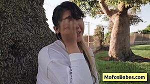 asian teen shares big boobs with friend outdoors