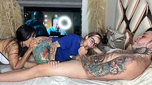 Two horny Latinas suck my cock together at BlakeProductions! 🔥