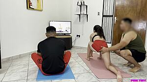 Yoga trainer fucks beautiful woman right in front of her stupid boyfriend