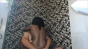 Ebony milf's pussy eaten by sugardaddy in shower