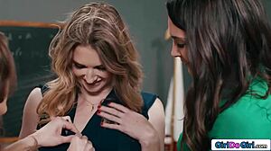 three petite teachers kiss tits in outdoor threesome with strapon anal dp