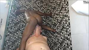Ebony milf's pussy eaten by sugardaddy in shower
