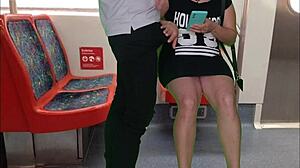 Girl Without Panties on Train Gives Stranger Handjob and Public Blowjob