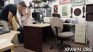 A couple engages in rough sex in the shop with a slutty amateur, fucking hard and moaning loudly.