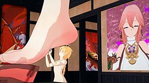 yae miko gives tall footjob with huge feet