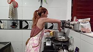 She got horny after cooking, but I just filled her mouth with cum