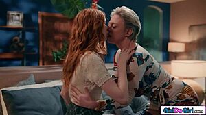 Busty dominant MILF facesits and pulls redhead’s nipples