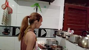 She got horny after cooking, but I just filled her mouth with cum