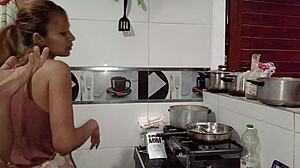 She got horny after cooking, but I just filled her mouth with cum