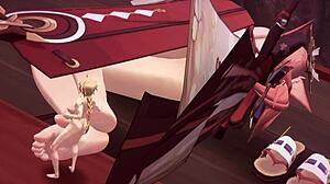 yae miko gives tall footjob with huge feet