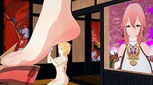 yae miko gives tall footjob with huge feet